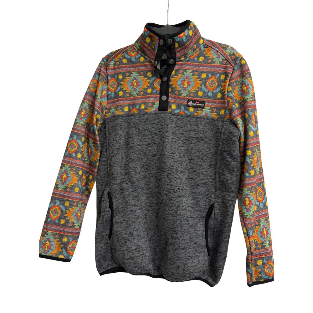 Simply Southern Gray Southwestern Print Cozy Quarter Snap Fleece Pullover Med
